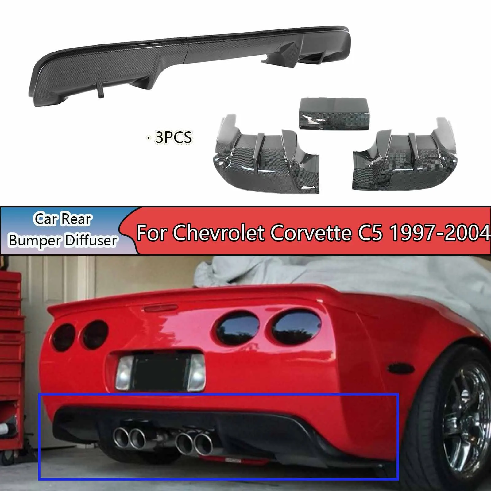 Car Rear Bumper Diffuser For Chevrolet Corvette C5 1997-2004 Matte/Glossy Black/Carbon Fiber Style ABS Plastic 3PCS Auto Parts