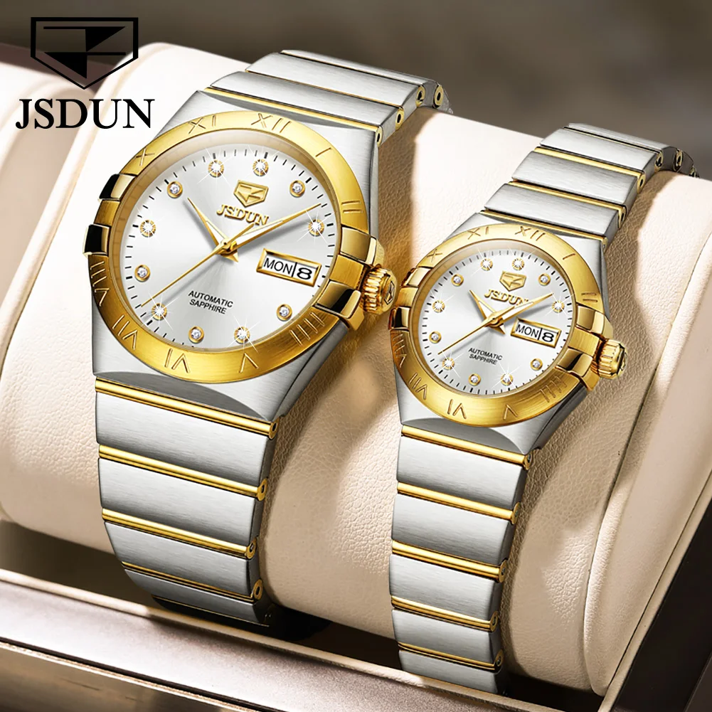 JSDUN Automatic Couple Watches Japan Movement Sapphire Mirror 100M Waterproof Luxury Diamond Gold Watch Lover\'s Watch Set Gift