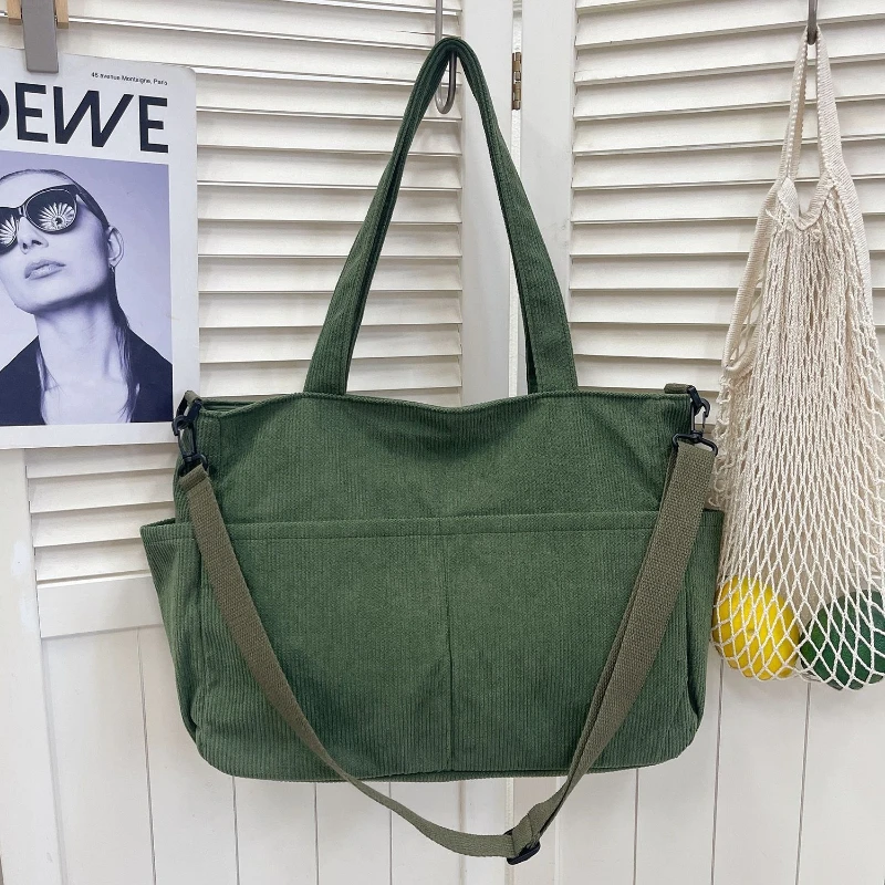 White Black Green Khaki Corduroy Tote Bag Large Capacity Casual Shoulder Crossbody Handbag with Front Pocket For Women Girld