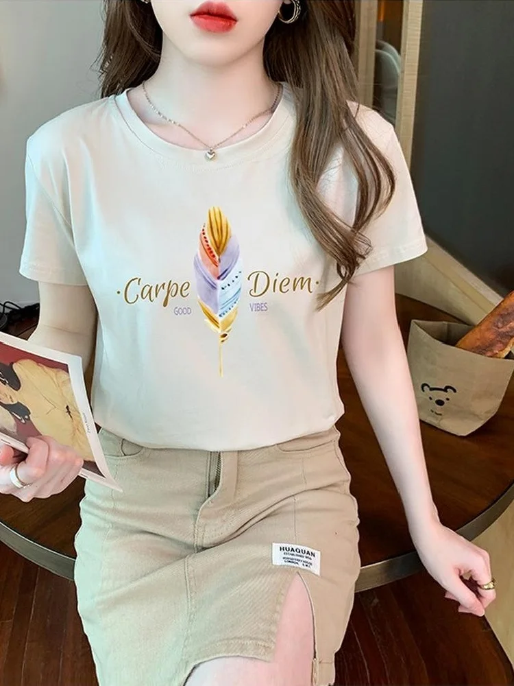 TuangBiang Summer 2023 New Gradient Feather Letter Printing Apricot Cotton T-Shirt Casual Short Sleeve Lady Tshirt Feminine Tops