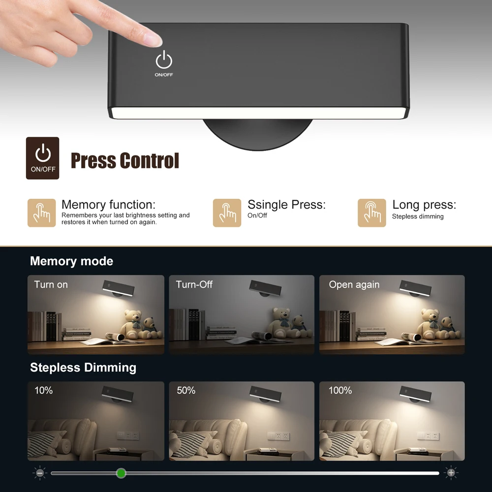 Rechargeable LED Reading Lamp Touch Control Magnetic Wall Light with 360° Rotation Nightlight for Bedroom & Night Feeding