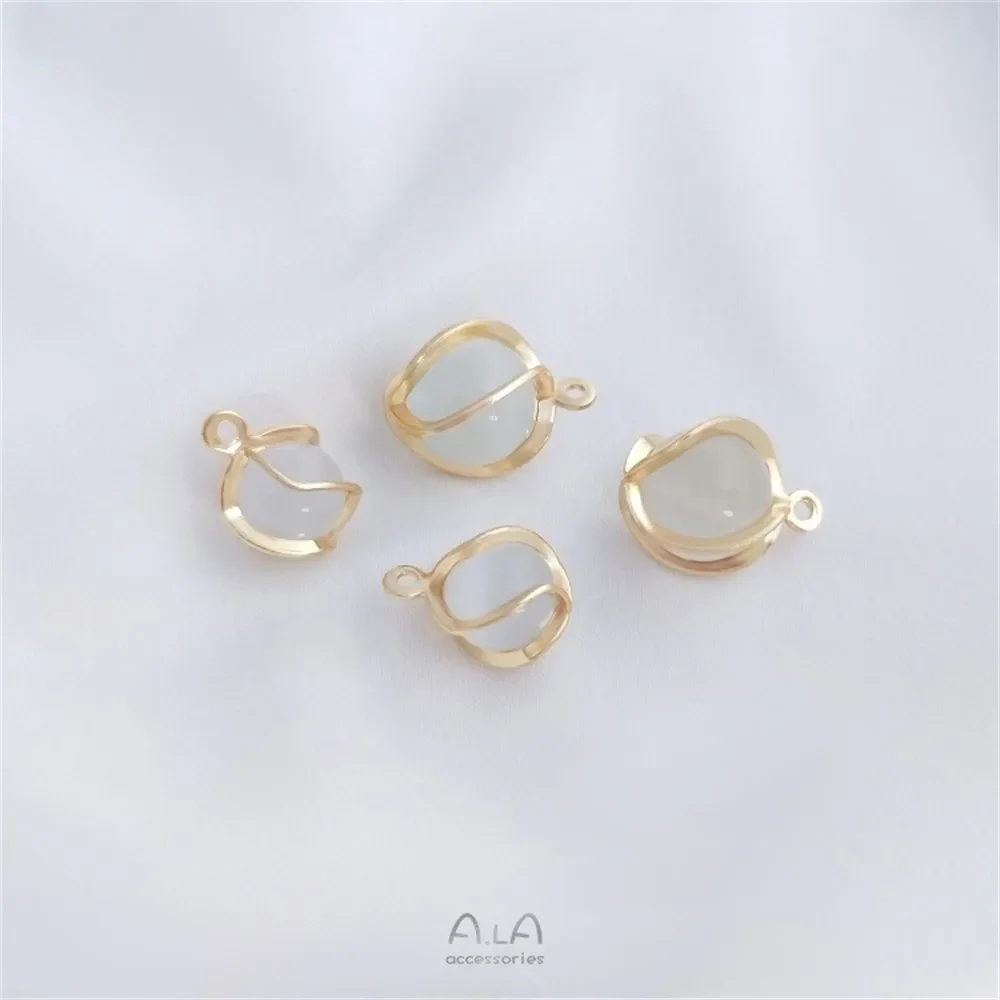 

14K Gold Copper Wrapped White Cat's Eye Stone Round Beads Gold Pendant DIY Earrings Hanging Beads Bracelet Jewelry Pendant K362