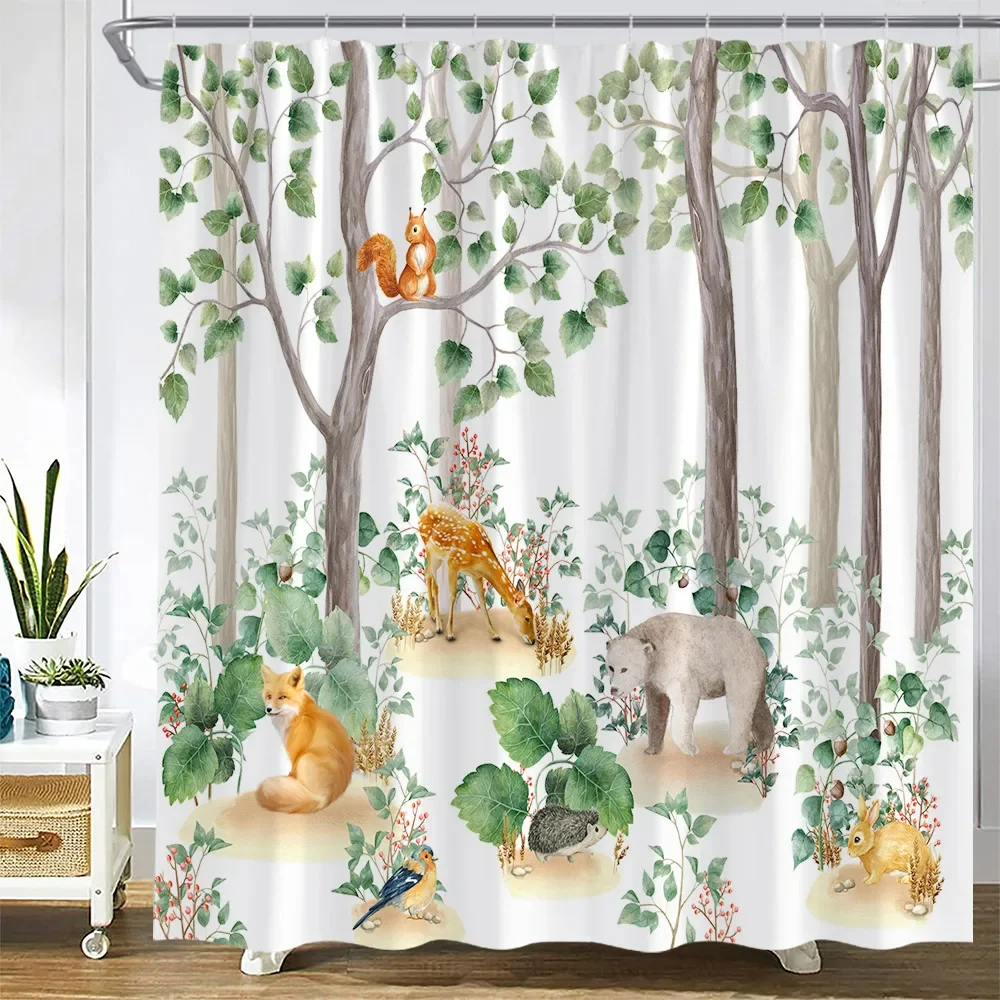 Spring Forest Shower Curtains Funny Animals Fox Bear Deer Squirrel Rabbit Green Leaves Plants Trees Modern Fabric Home Decor Set