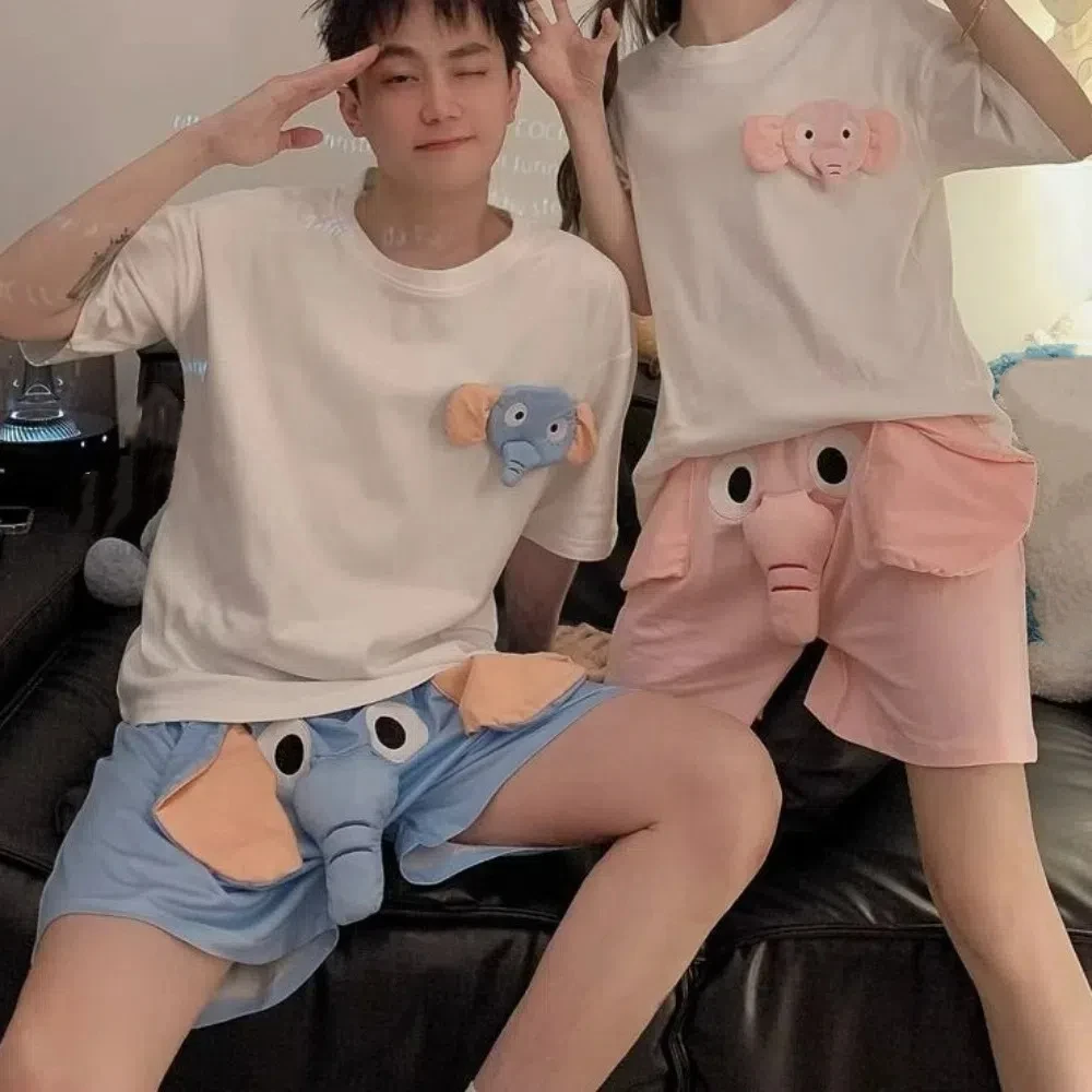 

Fashion 3D Ears Elephant Trunk Pajamas Loose Nose Short Sleeve Sleepwear Funny T-shirt Shorts Nightwear Women Men