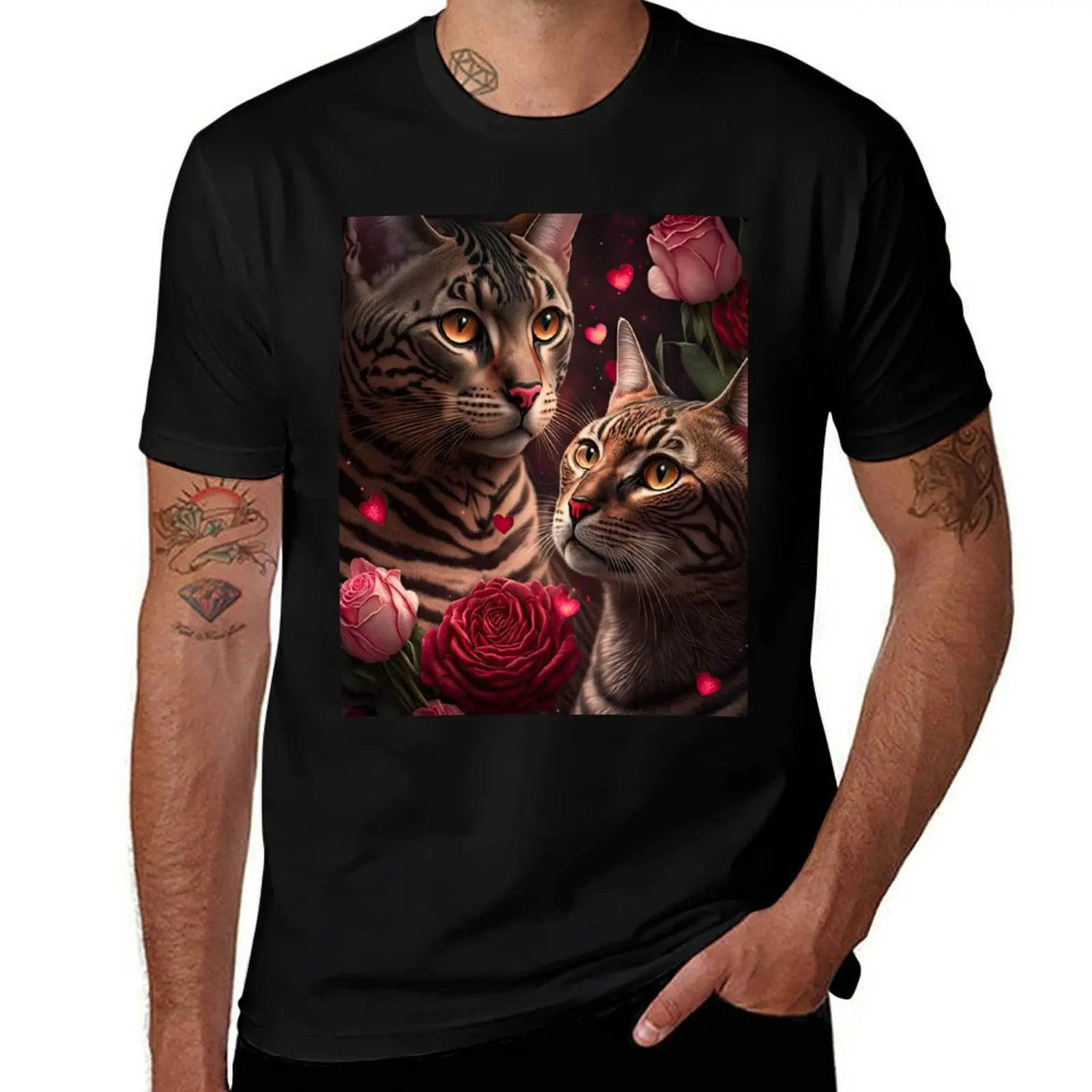 Valentines Bengal Cats with hearts and roses 3 T-Shirt Durable Work Wear T-Shirt