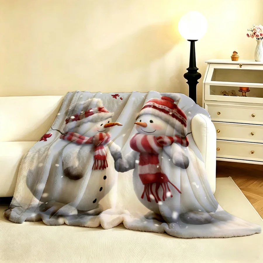 Christmas Adorable Snowmen Couple Printed Flannel Throw Blanket, Snowflakes 2D Single-Sided Printed Holiday Blanket