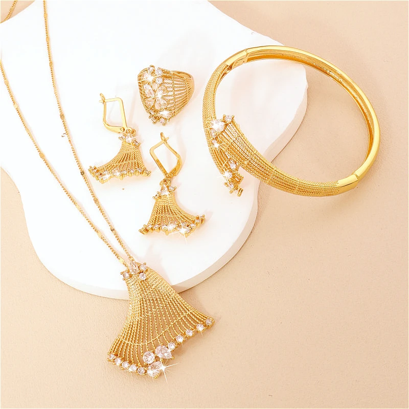 5 Pcs Luxurious zircon Jewelry Sets Ladies Fan-shaped Necklace Earrings Bangle Ring Set Wedding Banquet Party