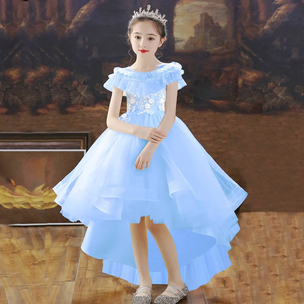 

2023 Summer New In Dress Children's Wear Vestidos Kids Girl Clothes Flower Pearls Walking Show Piano Costume Trumpet Dresses