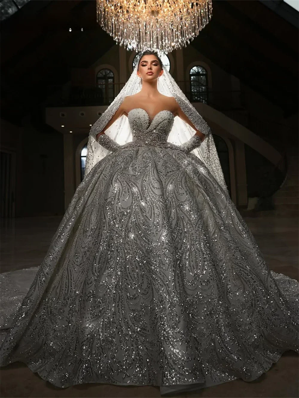 تخصيص الفاخرة الكلاسيكية الحبيب الرقبة اللؤلؤ ثوب الزفاف تألق حمالة الطابق طول الكرة ثوب vestidos de novia #1