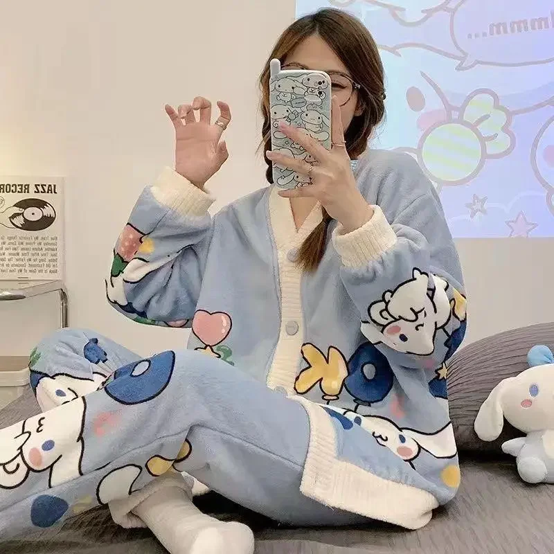 Kawaii Hellokitty Autumn Winter Pajamas Women's V-Neck Cardigan Cute Cartoon Plus Velvet Thickened Flannel Suit Casual Home Wear