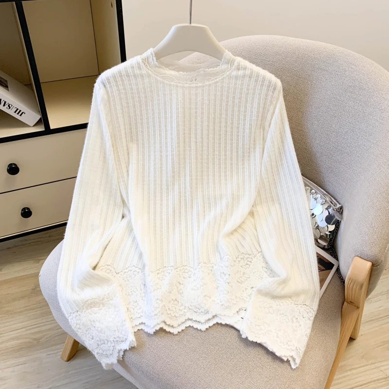 

New Autumn Hollow Lace Women Pullover Fashion Simple Sweet Ladies Woman Pullover Solid Color Casual Slim Chicly Top Female
