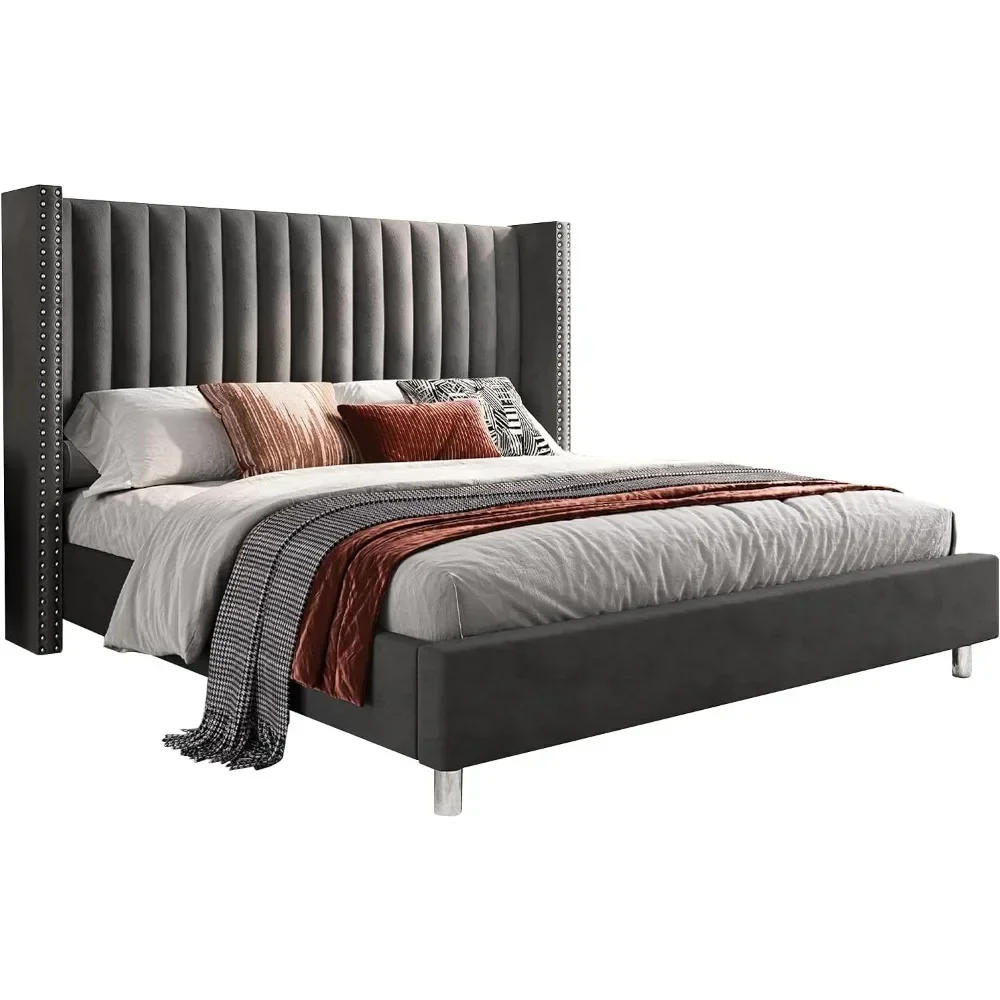 

Bed Frame, Tufted Velvet with Vertical Channels, No Springs, Easy To Assemble, Grey, King Size Bed Frame