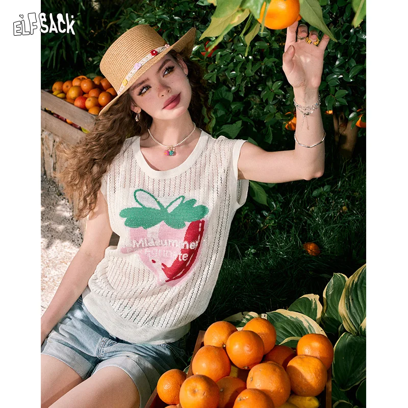 ELFSACK 2024 summer new arrival Three-dimensional fruit strawberry print hollow sleeveless thin all-match pullover sweater for w