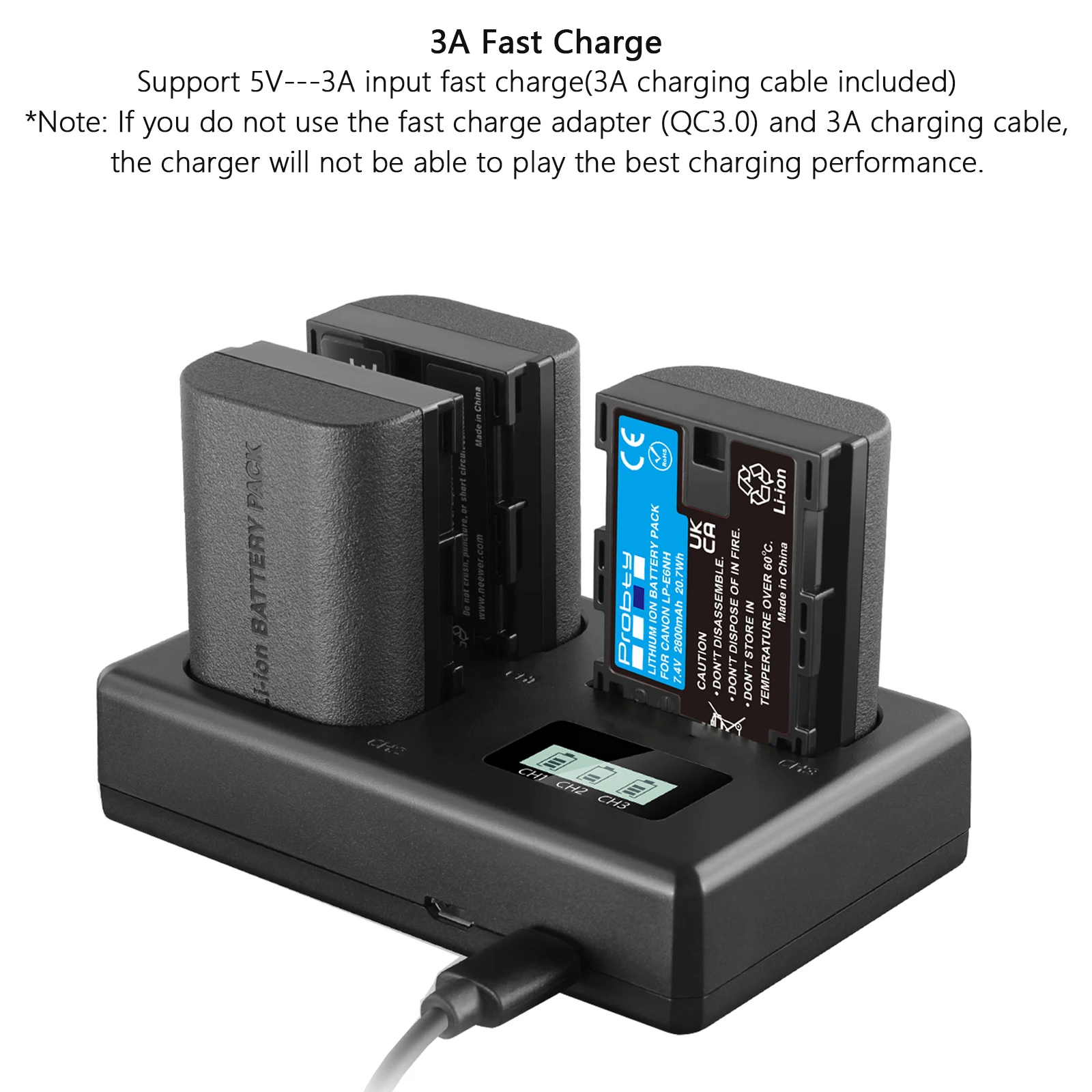 LP-E6NH Replacement Battery 2800mAh and Triple Slot USB Charger  for Canon EOS R7, EOS R5, EOS R6 R6 II, EOS R, 5D II III IV