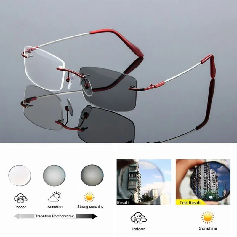 Grenzenlose photochrome Lesebrille für Männer und Frauen, Memory-Titanlegierung, Presbyopie-Brille, Outdoor, drehen Sie grau unter Sonnenlicht – Detail 13
