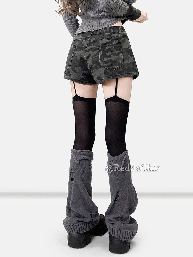 REDDACHiC Distressed Camouflage Jean Shorts Summer Street A-line Low Rise Mini Skirt Pants 2-In-1 Skorts Y2k Gyaru Women Bottoms
