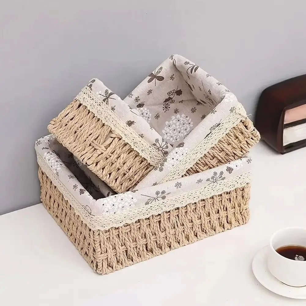 

Rectangular Handmade Rattan Storage Baskets Rustic Style with Liner Cosmetics Storage Box Save Space Large Capacity