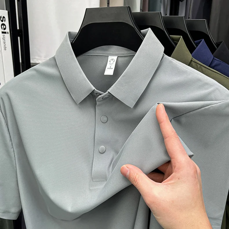 Herren Premium Eisseide Poloshirt Knitterfrei Einfarbig Casual Business Büro Kurzarm Sommer Pendler Outdoor Outfit – Detail 15