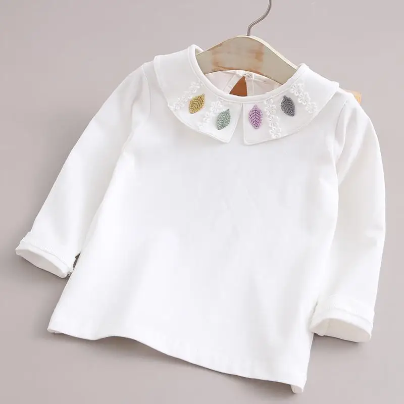 Toddler Girls T-shirts Autumn Cotton White Pullover Tops for Kids Fashion Children Long Sleeve Bottoming Shirts Cute Flower Tees