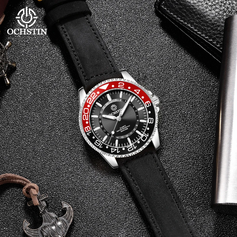 OCHSTIN Man Casual Business Wristwatch Men's Navigator Collection Quartz Movement Alloy Case Genuine Leather Strap Wrist