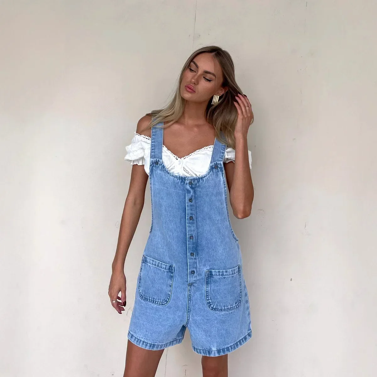

Overalls Short Pants Women Vintage Rompers One Piece Jeans Shorts Washed Single Breasted Pockets Playsuits Streetwear Suspenders