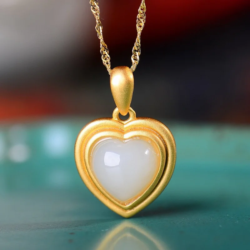 

Traditional Silver Inlaid Natural Hetian Jade Heart-Shaped Women'S Pendant Retro Ethnic Style