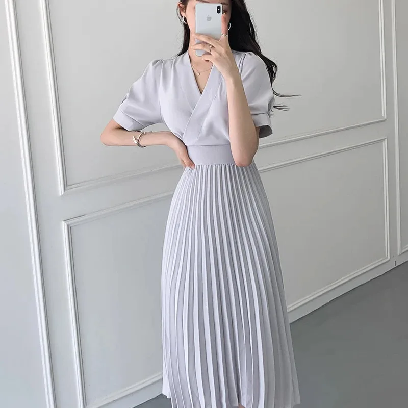 South Korea's Summer Chic Solid Color Collection Waist Thin Strappy Pleated Skirt In A Long Short-sleeved Dress   Party Dress