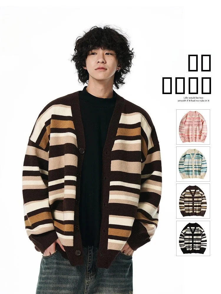 

Men's Winter Knitted V-Ne Striped Sweater Vintage Color Blo Versatile Outerwear Casual Loose Fit Long Sve Thiened