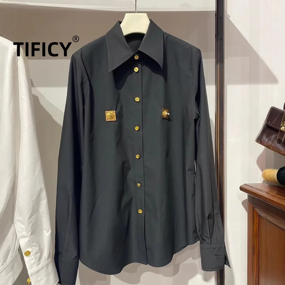 

Temperament Black Shirts Women's Top Autumn New Fashionable Versatile Simple Single Breasted Collar Design Commuter Shirt