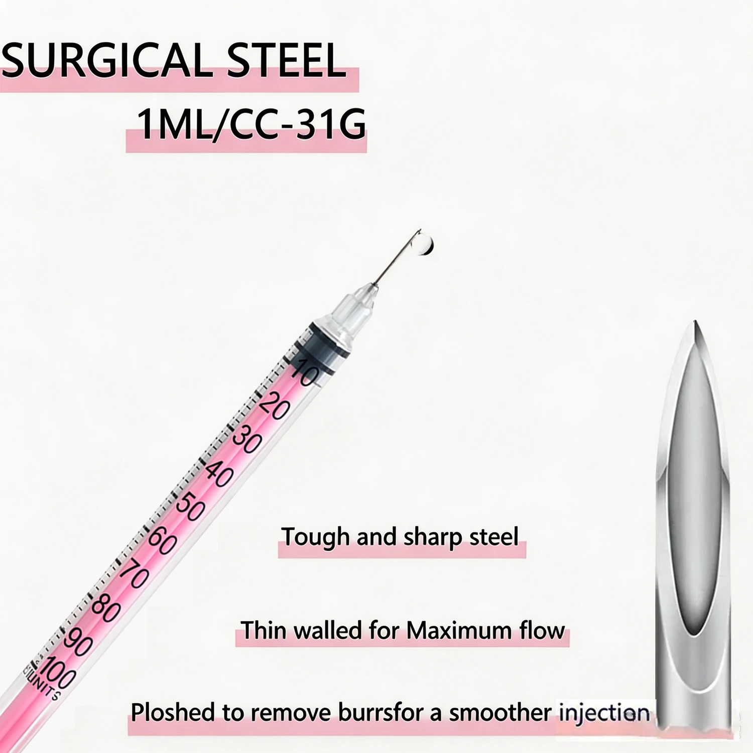 1ml U-100 31g Sterile Insulinspritze, rosa Kolben mit Kappe, präzise Graduierung, individuell. Verpackt, Labor & Schönheit, 20 Stück 8mm – Detail 2