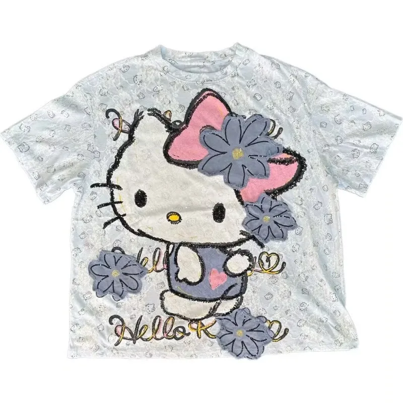

Summer New Heavy Craft Lace Hello Kitty Patch Embroidered Short Sleeved Y2k Tops Kawaii Clothes Kpop White Shirts for Women
