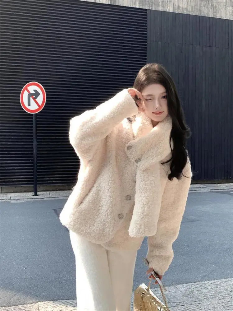 

Винтажная новая бежевая однобортная куртка с шарфом и воротником для женщин 2024, новинка осени и зимы, коричневое теплое свободное женское плюшевое пальто, уличная одежда