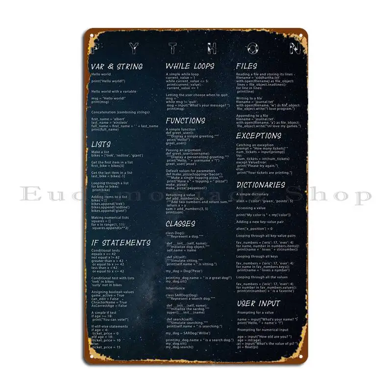 Cheat Sheet Python Metal Plaque Poster Garage Pub Designing Designer Club Tin Sign Poster