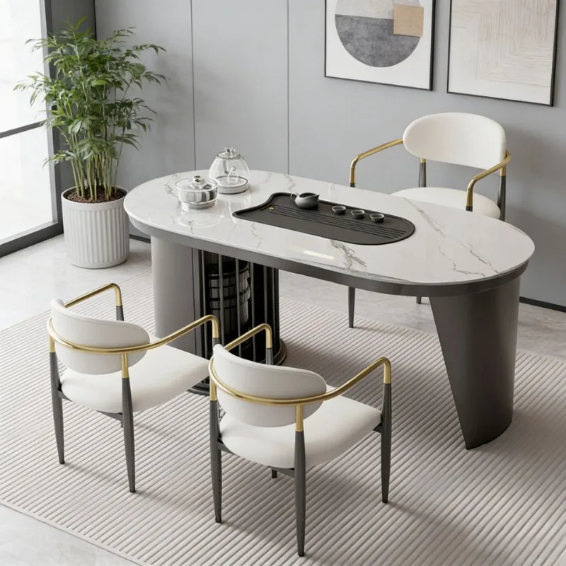 Light luxury rock slab tea table integrated with a complete set of modern simple home balcony small kung fu tea table
