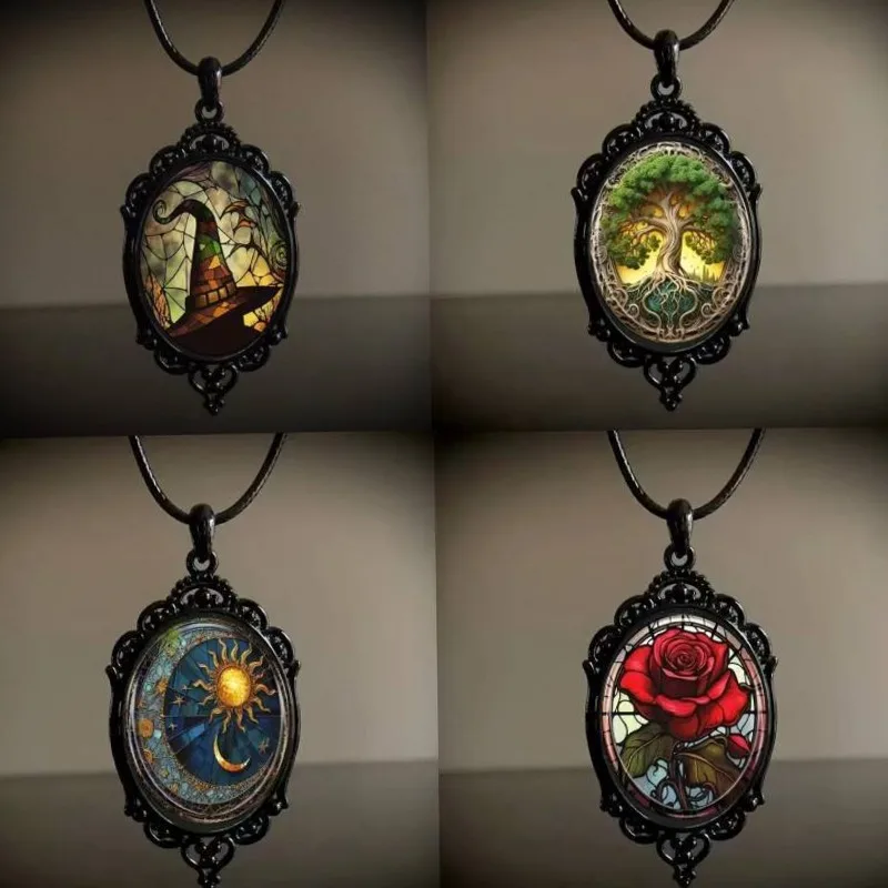 Fashion Cross-Border European And American Gothic Raven Cross Glass Pendant Necklace Fashionable And Versatile New Jewelry Pearl
