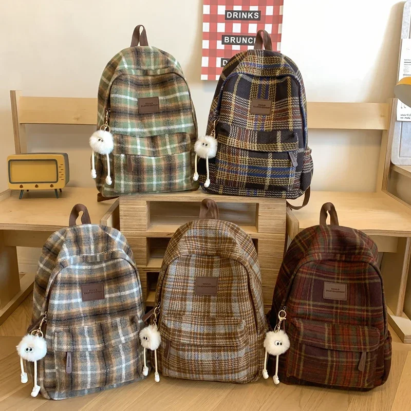 New Fashion Plaid Woollen Women Backpack Student Book Bag Backpacks for Teenage Girls School Bags Large Capacity Travel Rucksack