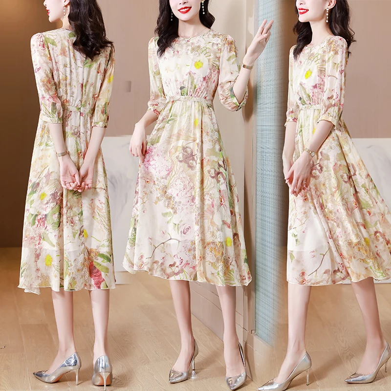 فستان نسائي شيفون مطبوع عليه زهور للربيع والصيف بأكمام 3/4 وخصر عالي تنورة متوسطة الطول للتنحيف نمط سيدة أنيقة