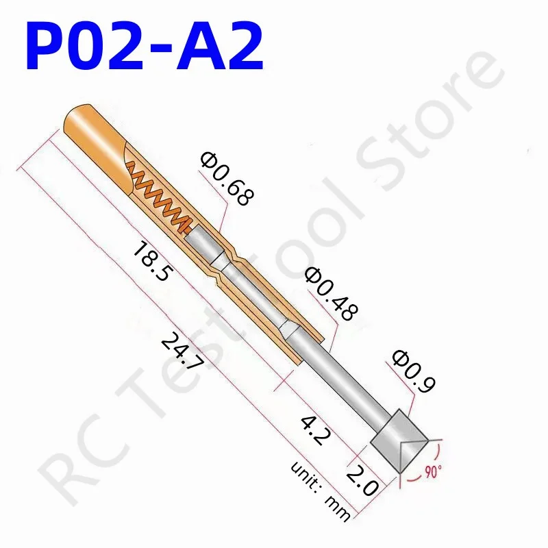 

100PCS P02-A2 Spring Test Pin P02-A Test Probe Copper Pogo Pin Metal Test Needle Test Tool Lengt 24.7mm Dia 0.68mm 0.90mm 0.48mm