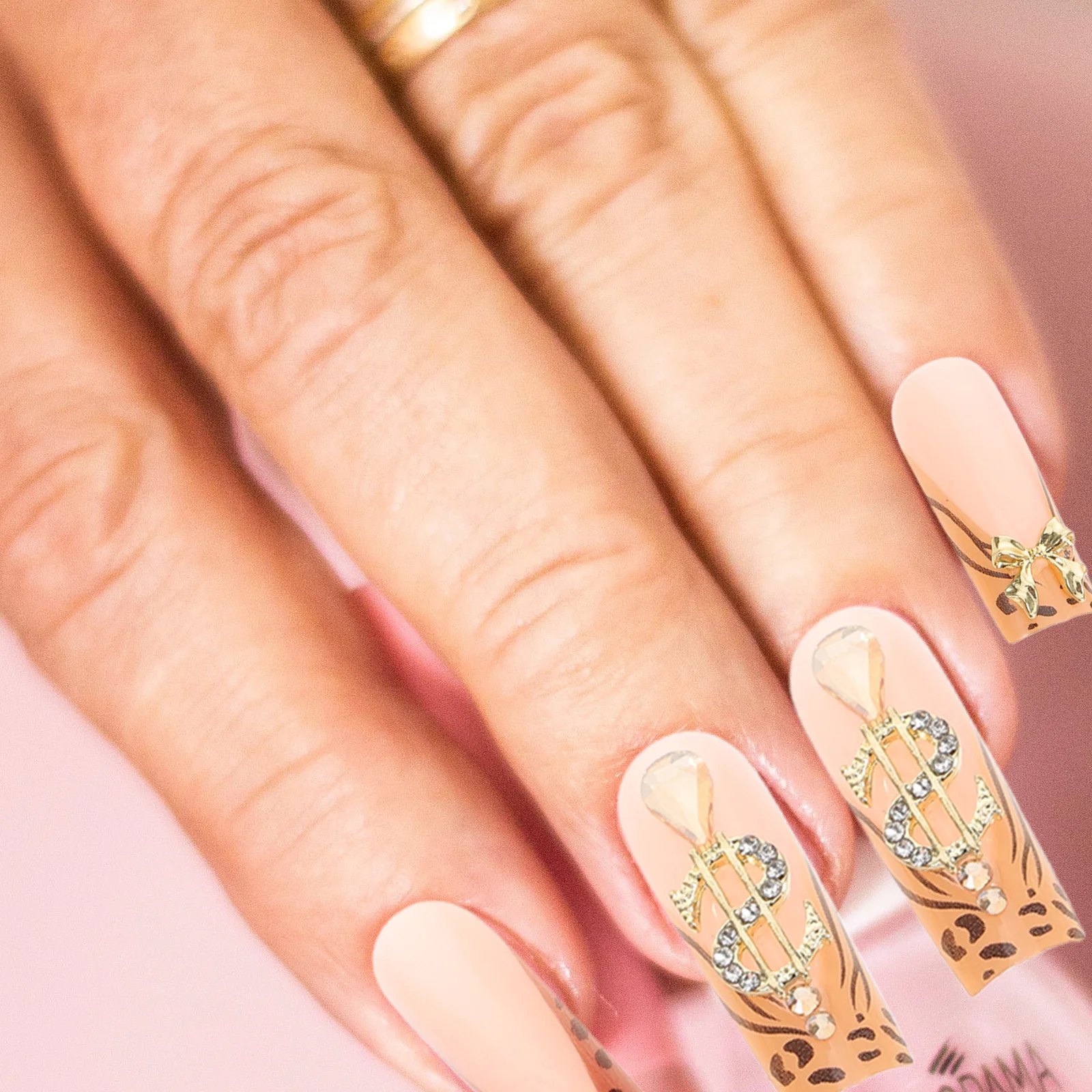 Ensemble de faux ongles longs en forme de cercueil, 1 boîte, couleurs assorties, imprimé léopard, nœud français doré, Nail Art pour femmes et filles