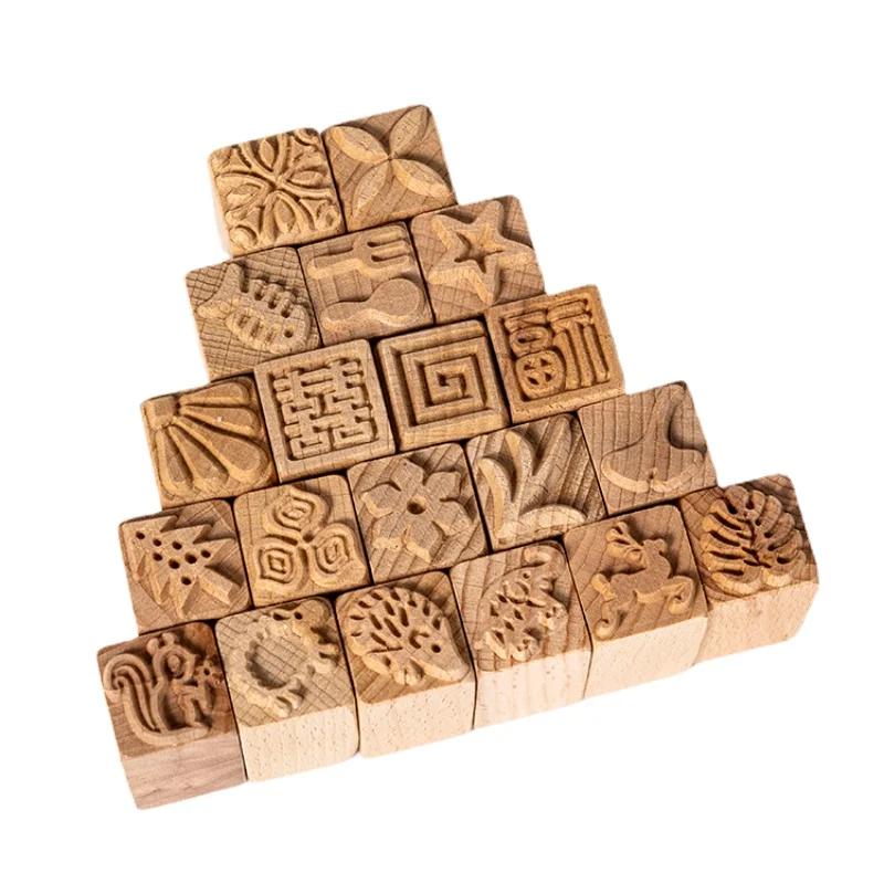 5pcs/set Pottery Seal Wooden Texture Printing Mold Solid Wood Cartoon Animal and Plant Polymer Clay Seal Rubbing Printing Tool