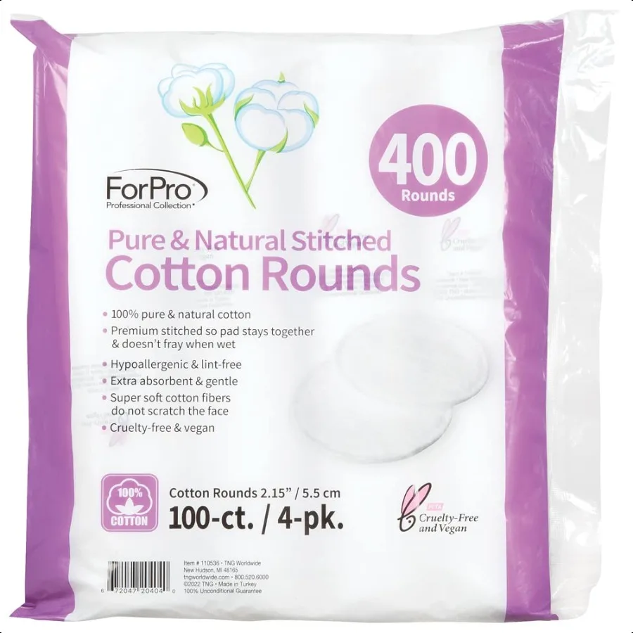 ForPro Pure Natural Stitched Cotton Rounds for Face 400Count 100 Pure Cotton Makeup Remover Pads Hypoallergenic LintFree Vegan