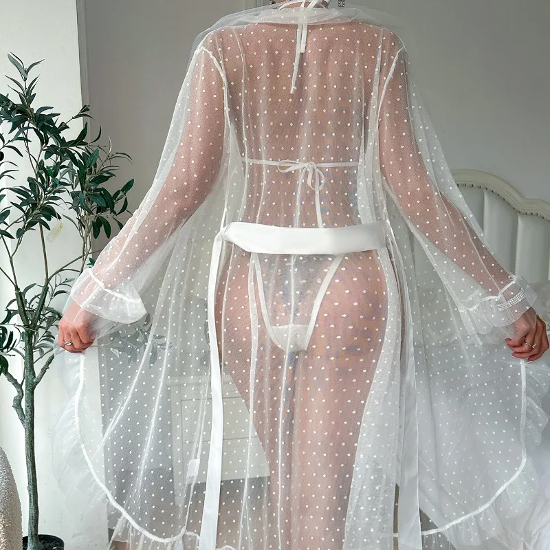 Сексуальная сетчатая ночная рубашка в горошек с длинными рукавами, женская ночная рубашка с рюшами и v-образным вырезом, завязкой на талии, домашний наряд, комплект из трех предметов 717