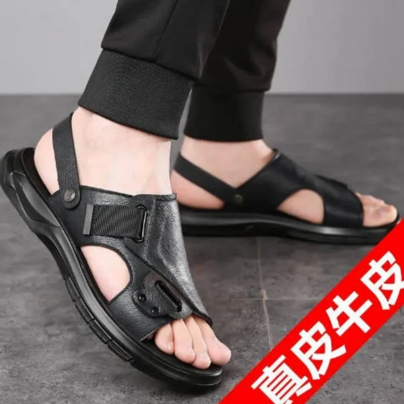 High End Men's Top Layer Cowhide Beach Sandals 2024 Summer New Korean Version Men's Leather Sandals Slippers Dual-Purpose Shoes