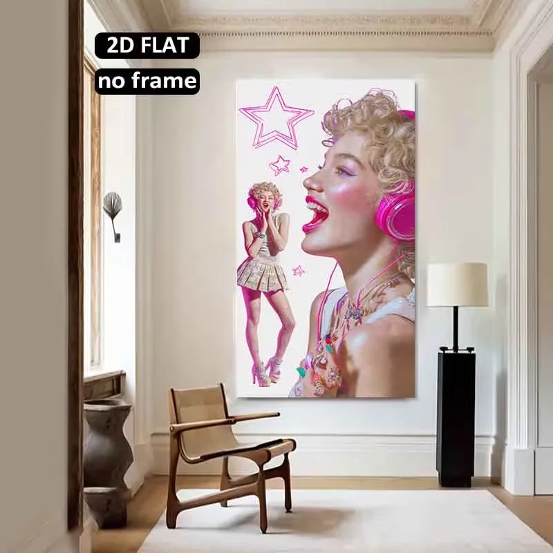 2D Flat, 2D Flat 1pc 31.49X62.99Inch 80X160Cm Unframed Large Canvas Printing Vibrant Fashion Pink Headphones, Starburst Glamour