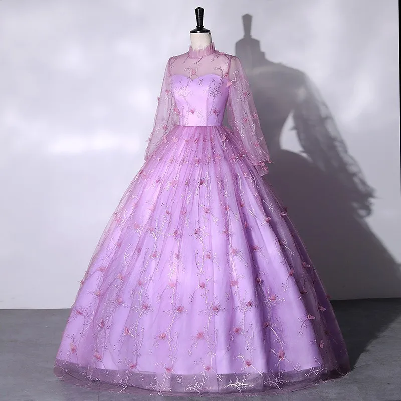 Vestidos de Quinceañera de manga larga, vestido de baile púrpura de flores dulces, vestido clásico de cuello alto para fiesta con cremallera en la espalda, vestido de graduación personalizado