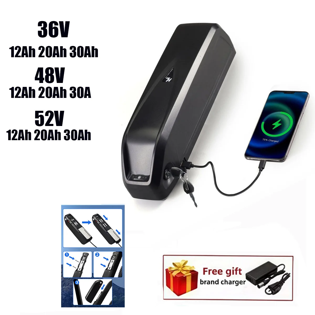 

New Brand 52V 48V 36V Hailong Battery built-in 30A BMS 12AH 20AH 30AH 1500W 18650 Battery Charger