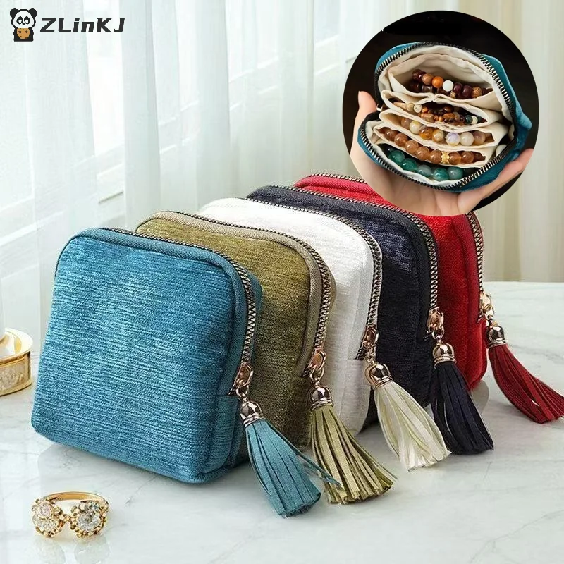 1Pcs Soft Velvet Jewelry Pouch Multiple Inner Compartments Tassel Zipper For Travel Daily Use Storing Rings Earrings Necklaces