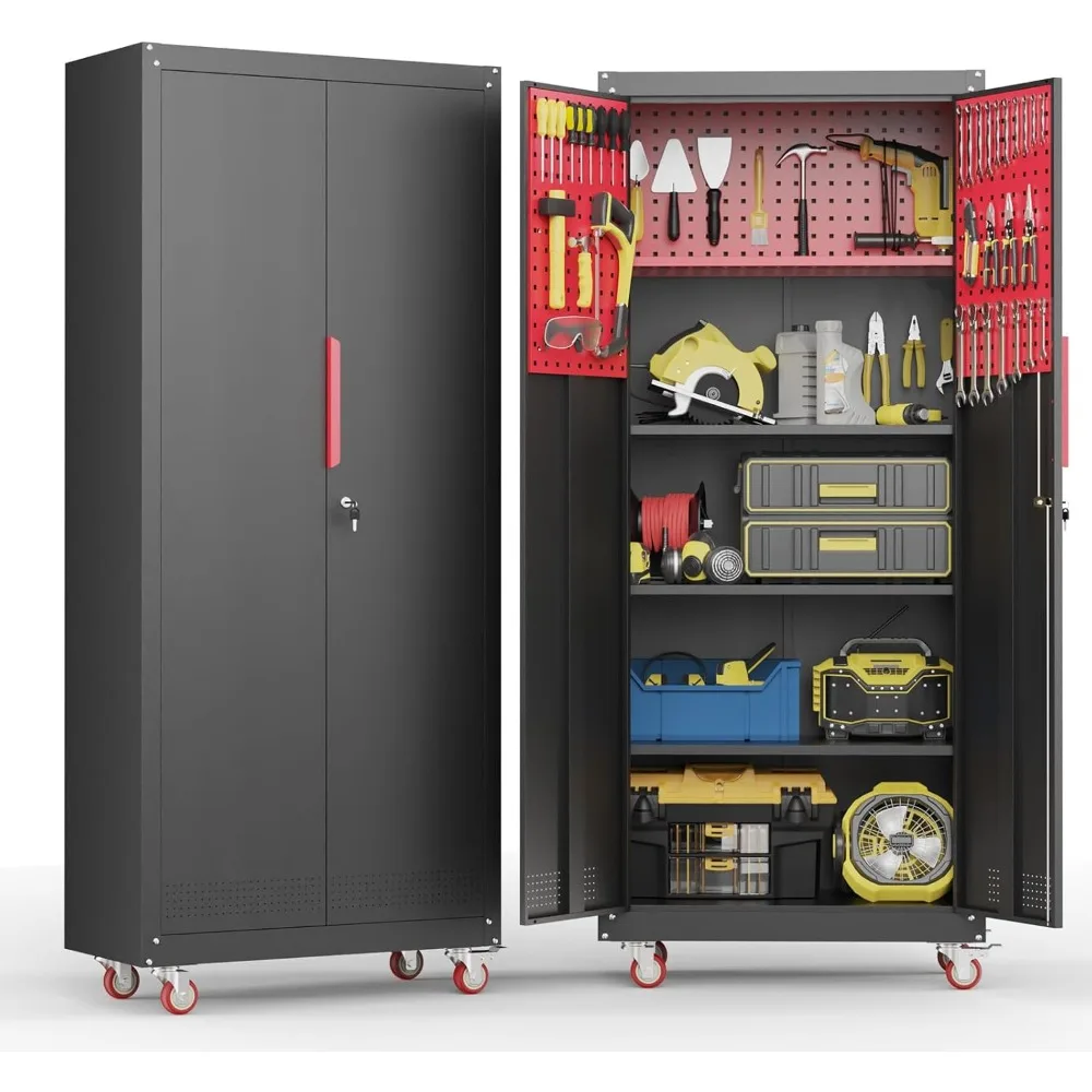 

71" Metal Garage Storage Cabinet, Metal Garage Cabinets with Wheels,Tool Storage Cabinet with 5 Adjustable Shelves, Locking Stee