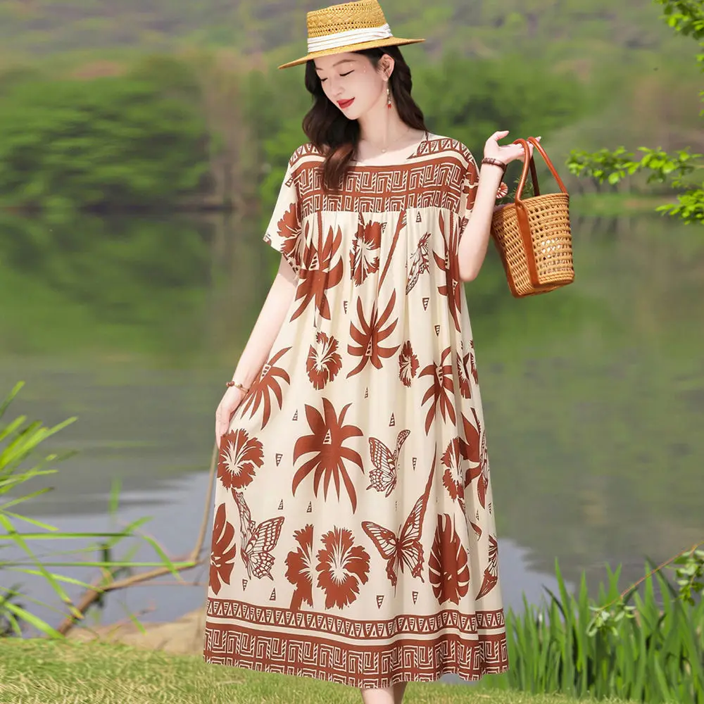 Elegant Plus Size Dress For Women Summer Floral Print Loose Casual Midi Dresses Mature Style Comfortable Breathable Fabric