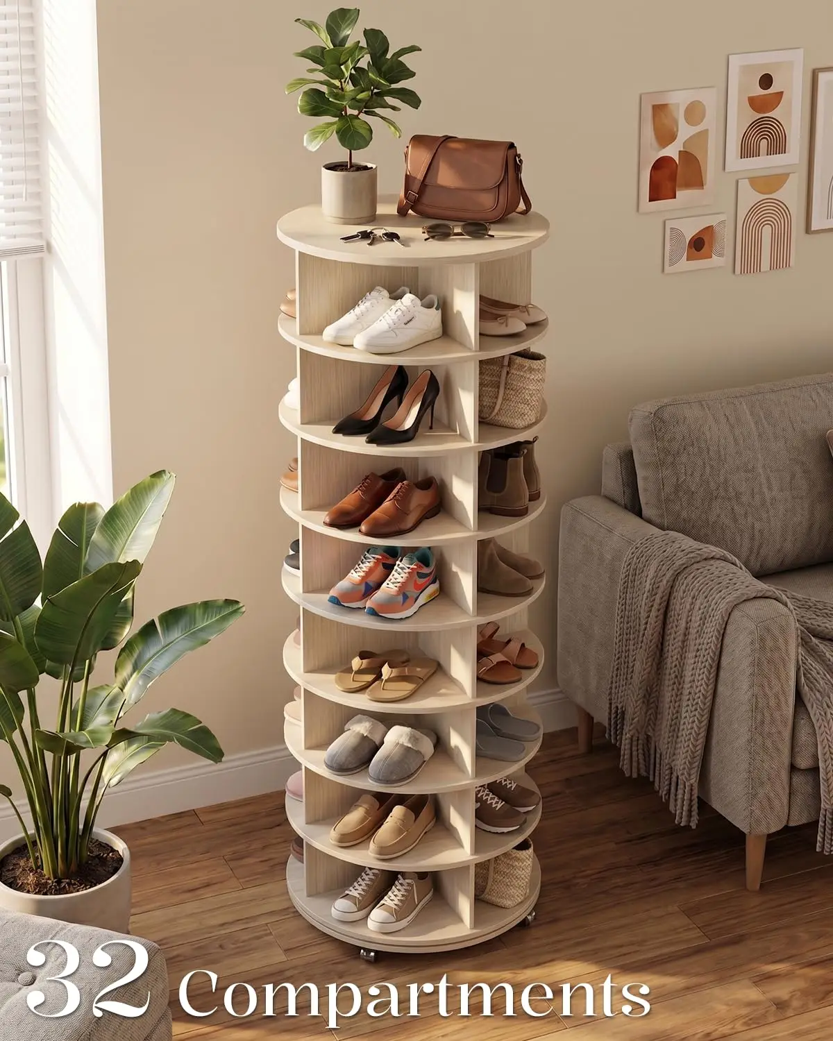 8 Tier Rotating Shoe Rack Tower with Casters, Round Vertical Storage for Closet Handbag, 23.6x23.6x74 Inch, Customized